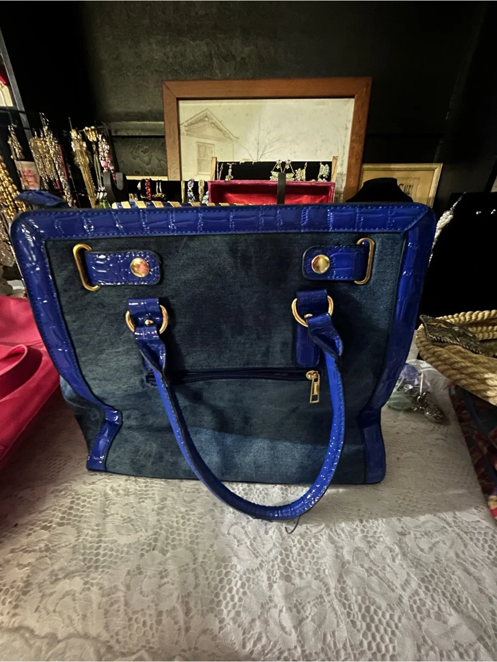 Blue & Black Designer-Style Satchel Handbag – Gold Tone Hardware – Unbranded
